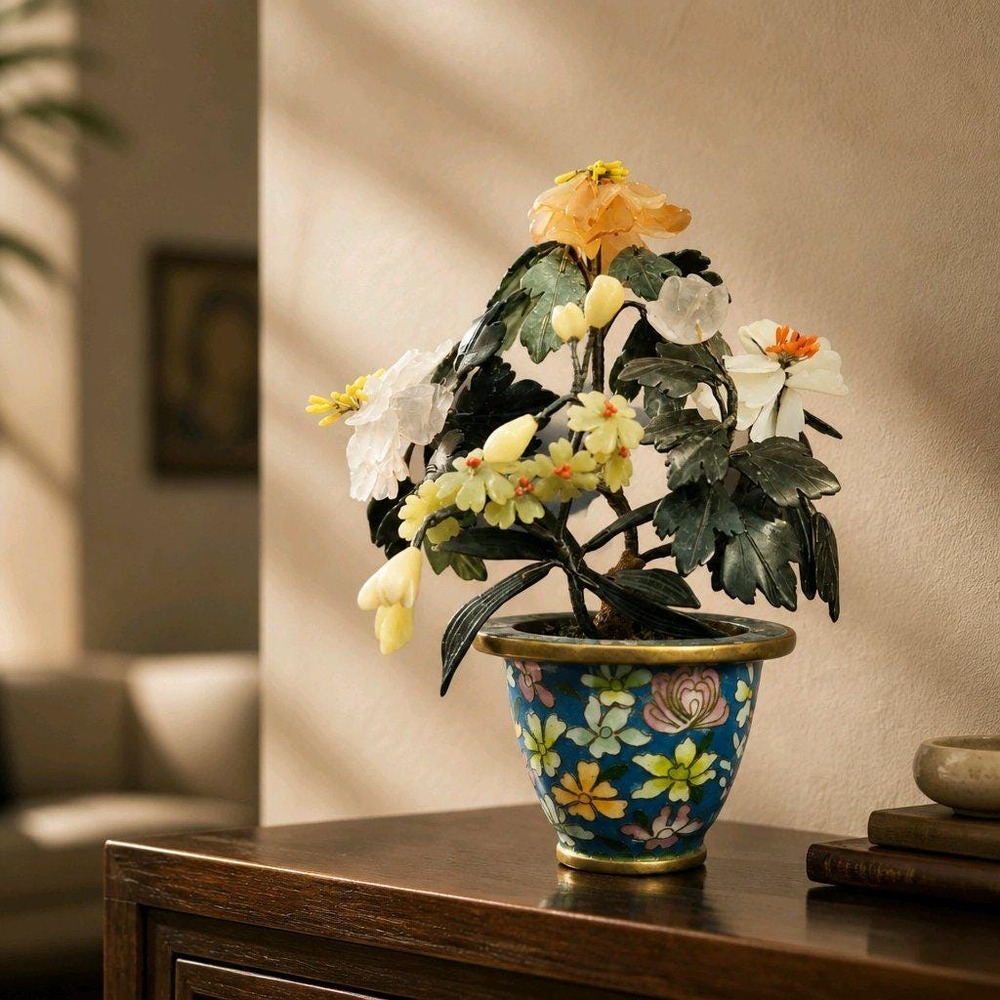 Hardstone and Jade Flower trTee in Cloisonne Enamel Jardinière Pot